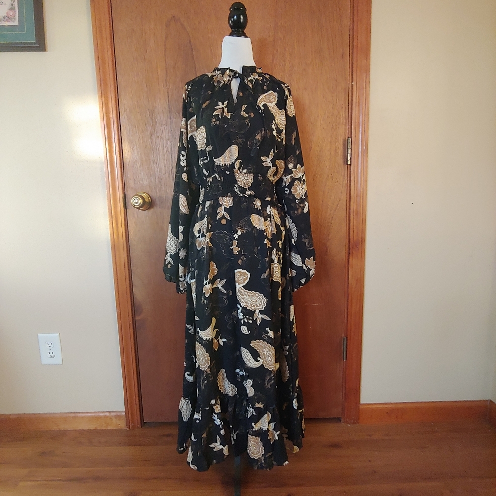 Like New Blencot Black Yellow Paisley Floral Long Sleeve Flowy Maxi Dress L - Picture 3 of 13